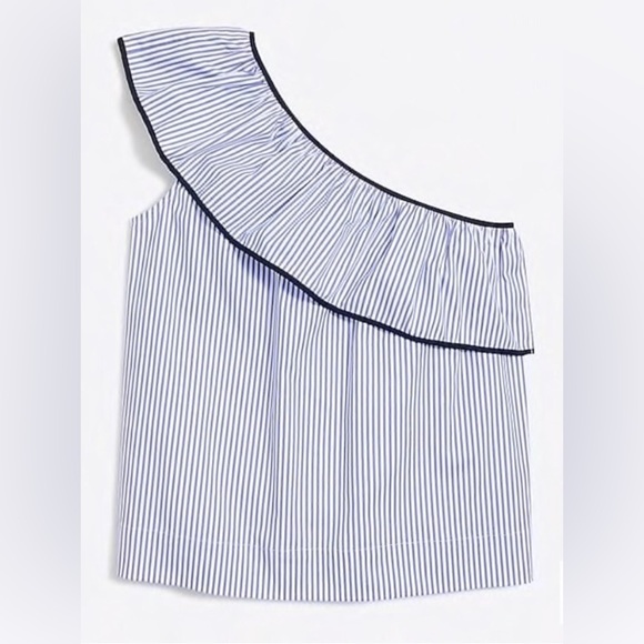 J. CREW FACTORY One Shoulder Ruffle Blue & White Striped Top with Navy Trim - Picture 5 of 10